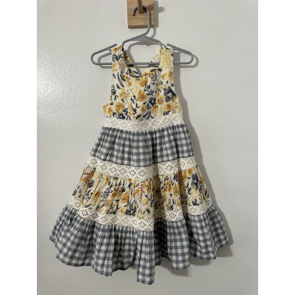 Cathrine Malandrino Girl’s Yellow Floral Grey Gingham Lace Accents Spring Dress